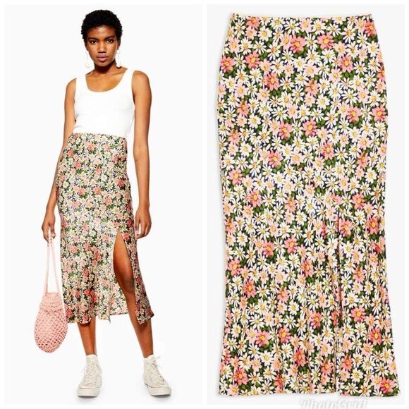 2/$30 Topshop Daisy Floral Satin Slip Bias Midi Skirt Size 4 - Picture 1 of 7